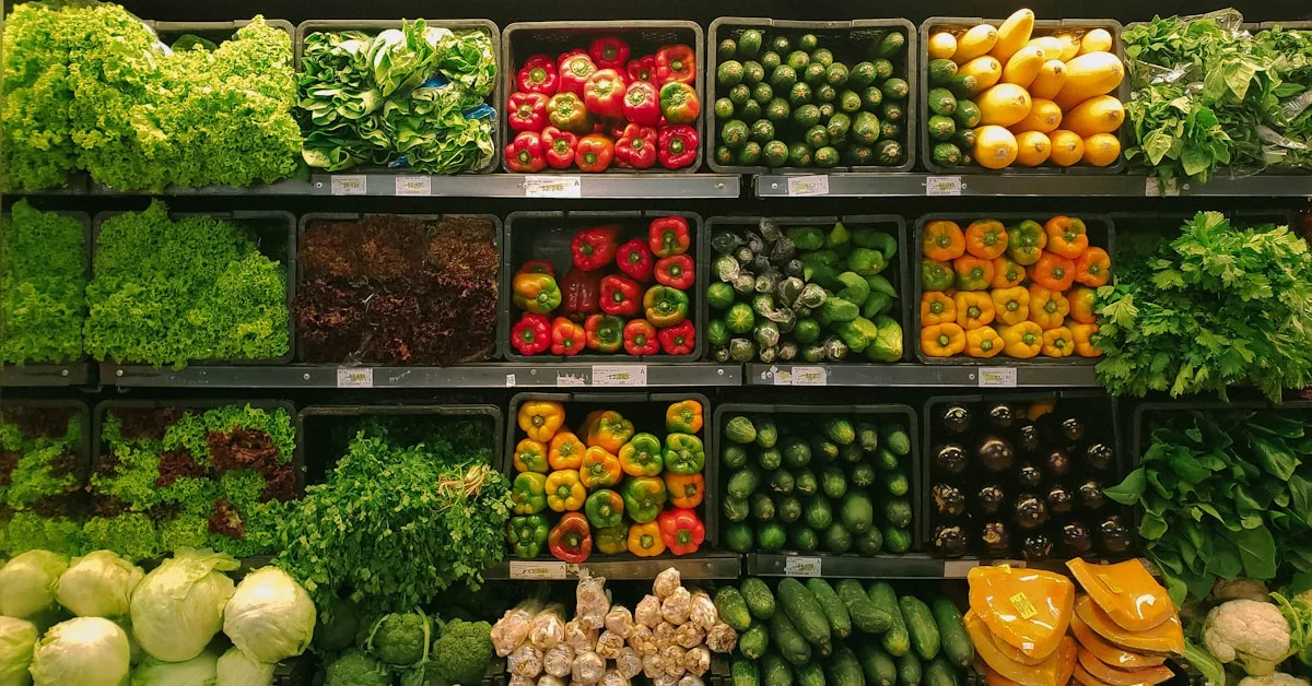 Variedade de legumes frescos organizados, representando ingredientes para planejamento de cardápio semanal