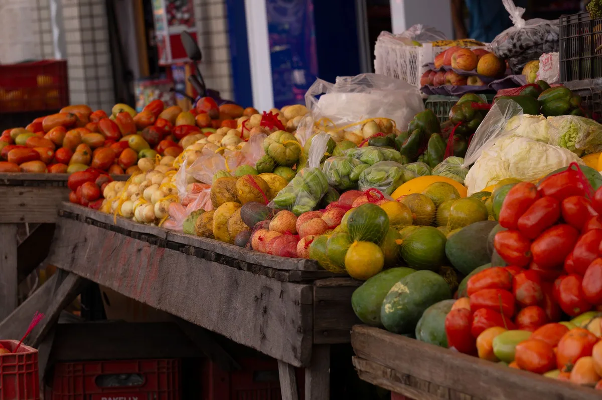 Variedade de frutas e legumes frescos da estação dispostos em uma mesa