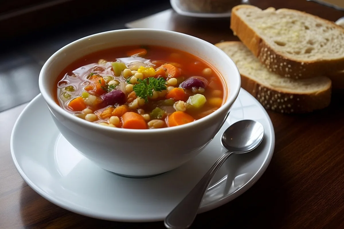 Tigela de sopa completa servida com colher, pronta para o jantar